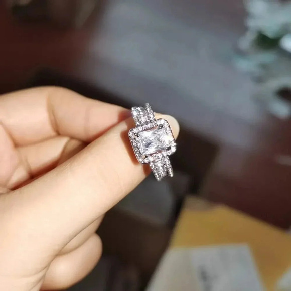 NEW! Sterling Silver Radiant-Cut Decorative Diamond Halo Engagement Ring - Picture 4 of 6